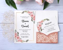 2020 New Arrival 3 Fold Rose Gold Glitter Invitations Cards For Wedding Bridal Shower Engagement Birthday Graduation Invite