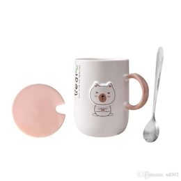 Relief Cartoon Bear Student Water Cup Lovely Ceramics Coffee Mugs Originality Milk Tumbler Breakfast Cover Stainless Steel Spoon 8 5jxE1