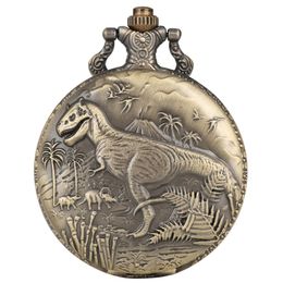 Bronze Dinosaur Display Men Women Quartz Pocket Watch Top Gift Pendant Clock for Kids Cool Retro Necklace Chain