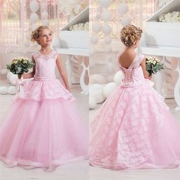 Flower Girl Dress 3D Floral Applique Jewel Neck Sleeveless Girl's Pageant Dresses Sweep Train Birthday Party Wear Communion Christmas
