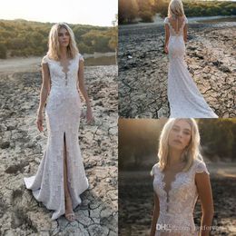 Lace Mermaid Wedding Dresses Cap Sleeve Deep V Neck Front Split Bridal Gowns Covered Button Back Beach Wedding Dress Vestidos De Novia