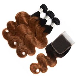 #1B/30 Ombre Brazilian Wavy Human Hair Bundles with Closure Medium Auburn Ombre Body Wave Virgin Hair Lace Closure with Weave Wefts