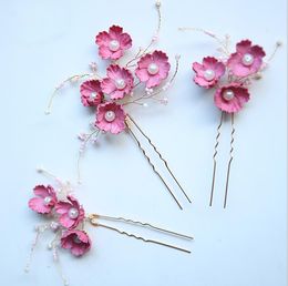 Pink Flower Hair Belt Set Chinese Ring Headdress Marriage Bride Jewellery