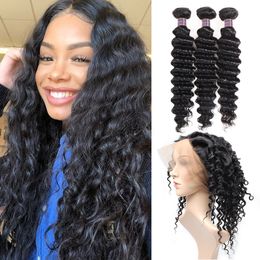 8A Brazilian Human Hair Bundles with Closure Deep Wave Hair 360 Lace Frontal With 3 Bundles 100% Unprocessed Virgin Human Hair Extensions