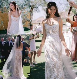 Sexy Spaghetti Strap Boho Wedding Dresses Appliqued Lace Elegant Bridal Gown Beach Custom Made Backless Sweep Train Bridal Dress