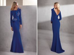 Mother Of The Bridal Dresses Scoop Long Sleeve Beads Appliques Satin Sheath Prom Dress Floor Length Mothers Dresses