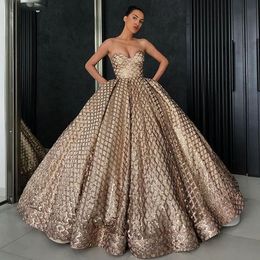 Long Golden lace Arab prom Dresses 2019 Puffy Elegant Ball Gown Glitter Sweetheart abendkleider Lebanon Design Women evening Gowns