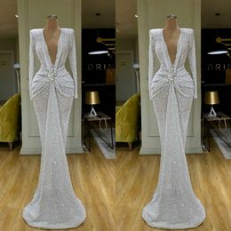 Prom White Mermaid Deep V Neck Long Sleeve Beads Appliqued Evening Dresses Formal Party Pageant Gowns