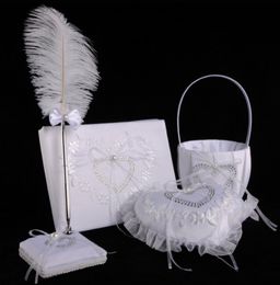 White Bow Book Bearer Ring Pillow & Feather Pen Set Girl Flower Basket Heart Shape Diamond Wedding Decoration