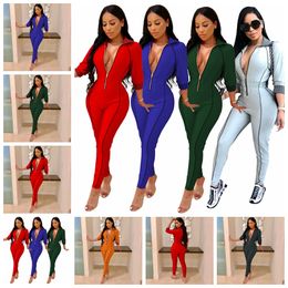 European new street solid color sleeve long-sleeved slim zipper jumpsuit red gray blue dark green gold support mixed batch