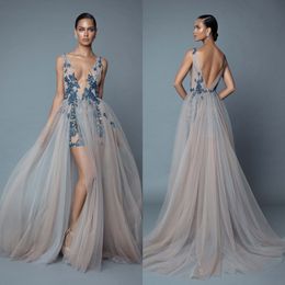 Berta Overskirt Backless Evening Dresses Beaded Deep V Neck Sequined Side Split Prom Gowns Tulle Plus Size Pleated Formal Dress 415