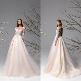 Boho Elegant Wedding Dresses Jewel Long Sleeve Ruched Bridal Gown 3D Floral Appliqued Lace Beaded Sweep Train Custom Made Robes De Mariée