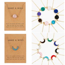 Make a Wish Tiny Natural Stone Necklaces for Women Resin Moon Round Pendant Gold Colour Choker Jewellery Gift Ethnic Style