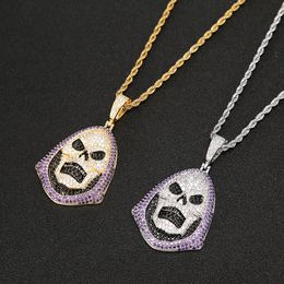 Hip Hop Hoody Skull Purple Stone Pendant Necklace Tennis Chain Gold Silver Cubic Zirconia Rock Jewellery