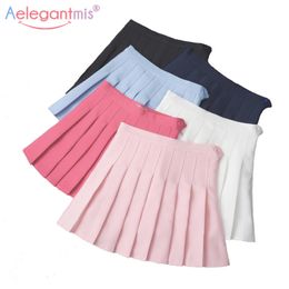 Aelegantmis Women Sweet Lolita High Waist Pleated Skirt Girls Harajuku Mini Skirts Lady Summer Slim Short School Uniform Skirt MX190729