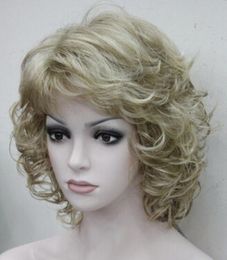 FREE SHIPPIN + ++ New Elegant Honey Ash Blonde Mix Curly Short Wig Synthetic Hair Full Women's Wig