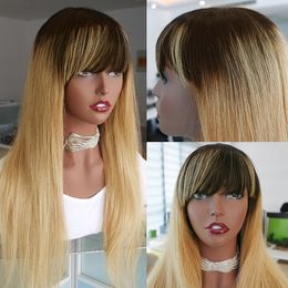 Colored 1B/27 Non Lace Wig 150% Density Peruvian Remy Straight Ombre Human Hair Wigs With Bangs For Black Women Honey Blonde Glueless Wig