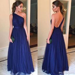 New Sexy One Shoulder Prom Dresses Backless Tulle Sweep Train Long Simple Navy Blue A Line Evening Gowns with Belt Vestidos De Festa