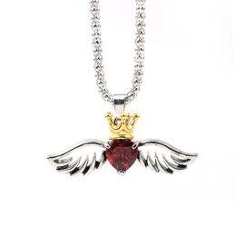 Beauty Queen Crown Charm Collier New Stainless Steel Chain CZ Love Heart Crown Angel Wing Necklace Women