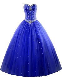 2021 Royal Blue Stock Ball Quinceanera Dresses Beaded Sweet 16 Year Lace-up Prom Party Evening Gown Vestidos De 15 Anos QC1406