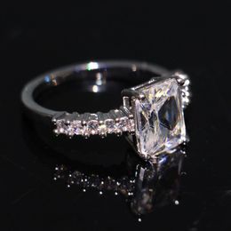 Wholesale- Shinning Luxury Jewellery 925 Sterling Silver Princess Cut White Topaz CZ Diamond Eternity Promise Women Wedding Bridal Ring Gift