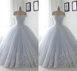 Light Sky Blue Ball Gowns Prom Dress Graduation Dress 8th Grade 2019 Off Shoulder Lace Applique Ruched Lace-up Party Dress Sweet 16 Girl