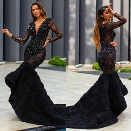 Arabic Black Mermaid Prom Dresses Deep V Neck Lace Sequins Beads Formal Party Dress Customised Sweep Train Long Sleeve Evening Gowns