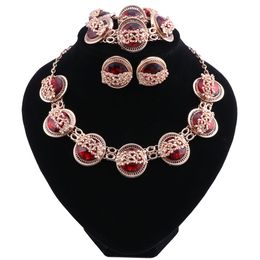 Vintage Round Red Crystal Gold Colour Jewellery Sets Earrings Bracelets Set Necklace Pendant Rings Gift For Women