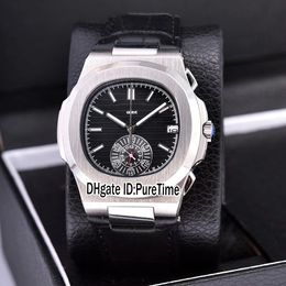 New Classic 5980 Steel Case Black Texture Dial Miyota Quartz Chronograph Mens Watch Black Leather Watches 8 Colours Stopwatch Puretime B303a1