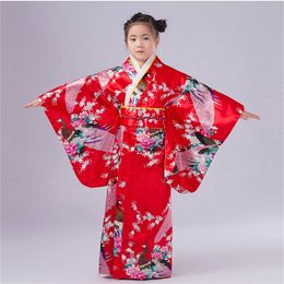 110-150cm Baby Girls Japanese Kimono Dress Peacock Pattern Embroidery with Obi Kids Girls Bathing Robe Loose Yukata Outwear