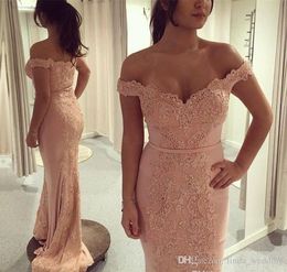 2019 Blush Pink Mermaid Evening Dress Off the Shoulder With Lace Applique Formal Holiday Wear Prom Party Gown Custom Made Plus Size