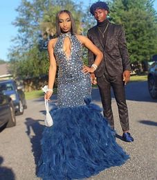 Dark Navy Mermaid Sequined Prom Dresses Halter Plunging Neck Rhinestones Beaded Evening Gowns Plus Size Floor Length Feather Formal Dress 415