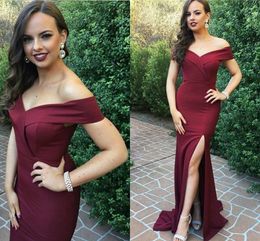 Mermaid Dark Red Evening Prom Dresses 2019 Sexy Side Split Off The Shoulder Backless Party Dress For Women Special Occasion Gowns Cheap