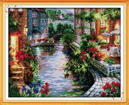 The lakeside houses home decor painting ,Handmade Cross Stitch Embroidery Needlework sets counted print on canvas DMC 14CT /11CT