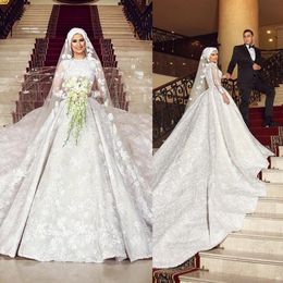 Muslimska klänningar med katedralen Train Jewel Neck spetsboll klänning brudklänningar långa ärmar vit bröllopsklänning plus storlek