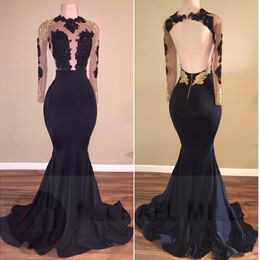 New African Black and Gold Mermaid Prom Dresses Long High Neck Satin Sexy See Through Open Back Long Sleeve Prom Evening Gowns