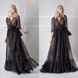 Black Tulle Lingerie Nightgown Wedding BathRobes V-neck Long Sleeve Pyjamas Sleepwear Bridal Robe Floor-Length Women Housewear Cheap