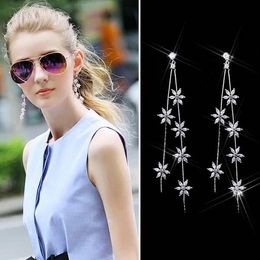 Fashion-silver needle beautiful flower earrings long style flower chain earrings hot style super shining zircon earrings