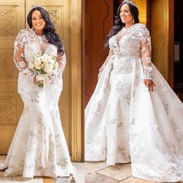 Middle East Plus Size Wedding Dress Lace Appliques Sheer Long Sleeves Mermaid Bridal Dress With Detachable Overskirt Satin Wedding Dresses