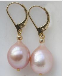 14k/20 Yellow Gold Natural 11-13mm South Sea Pink Purple Dangle Pearl Earrings