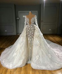 Luxury Mermaid Wedding Dresses With Detachable Skirt Floral Appliqued Lace Pearls Wedding Dress Sweep Train Custom Made Vestidos De Novia