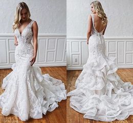 New Arrival Sexy Mermaid Wedding Dresses Lace Appliques Beads Sleeveless Open Back Ruffle Court Train Arabic Custom Formal Bridal Gowns