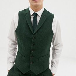 Cheap Country Groom Vests Green Wool Notch Collar Vests Custom Made Groom Vest Slim Fit Mens Suit Vest Groomsman Prom Wedding Waistcoat