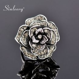 Vintage Big Flower Ring With Cubic Zirconia Antique Silver Colour Women Wedding Jewellery Anel JZ194 SSH