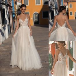 Elegant Galikarten A Line Wedding Dresses Spaghetti Sleeveless Tulle Lace Applique Pears Wedding Gowns Floor Length robe de mariée
