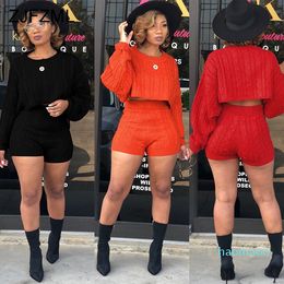 Hot sale- Autumn Winter 2 Two Piece Set Women Long Sleeve Knitted Sweater Crop Tops And Bodycon Shorts Casual Outfit Warm Tracksuit