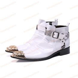 Fashion Men Boots Gold Iron Toe Genuine Leather Ankle Boots Lace-up White Wedding Dress Boots Business boot