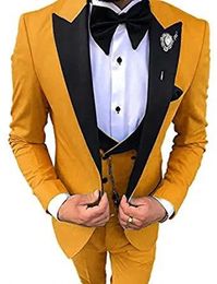 Fashion Yellow Groom Tuxedos Black Peak Lapel Groomsmen Mens Wedding Dress Excellent Man Jacket Blazer 3Piece Suit(Jacket+Pants+Vest+Tie)182