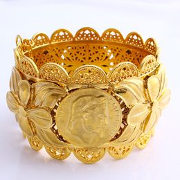 -70 millimetri moneta di modo grande braccialetto largo CARVE 22K Baht thailandese SOLIDO Gioielli etiope dell'oro GF Dubai rame Eritrea Bracciale Accessori