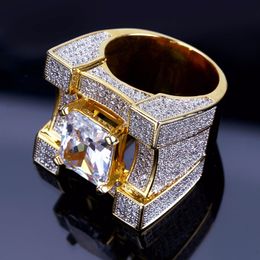 Cubic Zirconia Ice Out Bling Golden Big Wide Hip Hop Rings Gold Colour Geometric Men Hiphop Rapper CZ Ring Jewellery